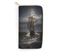 QWNMD Portefeuilles en cuir pour femme, motif bateau à voile en tempête, porte-carte imprimé, porte-carte avec fermeture éclair, portefeuille en cuir, bateau à voile en tempête, 19,8 x 10,4 x 3,6 cm,
