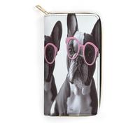 QWNMD Portefeuilles en cuir pour femme - Motif bouledogue français - Avec fermeture éclair - Lunettes roses - 19,8 x 10,4 x 3,6 cm - Moderne, Lunettes Bouledogue Français Rose, 7.8 x 4.1 x 1.4 inches,
