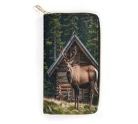 QWNMD Portefeuilles en cuir pour femme - Motif cabane de montagne - Avec fermeture éclair - 19,8 x 10,4 x 3,6 cm - Moderne, Mountain Cabin Moose, 7.8 x 4.1 x 1.4 inches, Moderne