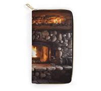 QWNMD Portefeuilles en cuir pour femme - Motif cheminée en bois - Avec fermeture éclair - Avec fermeture éclair - Motif pierre de roche de Noël - Cheminée en bois, Cheminée en bois avec motif pierre