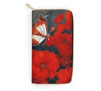 QWNMD Portefeuilles en cuir pour femme - Motif fleurs rouges et papillons - Porte-carte avec fermeture éclair - Motif fleurs rouges et papillons - 19,8 x 10,4 x 3,6 cm - Moderne, Fleurs et papillons