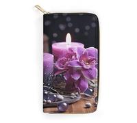 QWNMD Portefeuilles en cuir pour femme - Motif fleurs violettes et bougies - Porte-cartes avec fermeture éclair - Fleurs violettes et bougies - 19,8 x 10,4 x 3,6 cm - Moderne, Fleurs et bougies