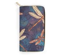 QWNMD Portefeuilles en cuir pour femme - Motif libellule peinte à la main - Porte-carte avec fermeture éclair - Portefeuille en cuir peint à la main - 19,8 x 10,4 x 3,6 cm - Moderne, Libellule peinte