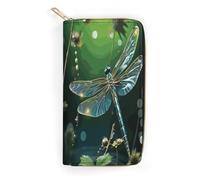 QWNMD Portefeuilles en cuir pour femme - Motif libellule verte - Porte-cartes avec fermeture éclair - 19,8 x 10,4 x 3,6 cm - Moderne, Libellule verte., 7.8 x 4.1 x 1.4 inches, Moderne