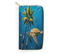 QWNMD Portefeuilles en cuir pour femme - Motif palmiers et tortues de mer - Portefeuille imprimé sous l'eau - Porte-cartes avec fermeture éclair - Portefeuille en cuir - Palmiers et tortues de mer -