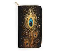 QWNMD Portefeuilles en cuir pour femme - Motif plume de paon doré - Portefeuille imprimé avec fermeture éclair - Motif plume de paon doré - 19,8 x 10,4 x 3,6 cm - Moderne, Motif plume de paon doré,