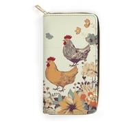 QWNMD Portefeuilles en cuir pour femme - Motif poule et papillons volants parmi fleurs - Portefeuille imprimé avec fermeture éclair - 19,8 x 10,4 x 3,6 cm, Poule papillon volant parmi les fleurs, 7.8