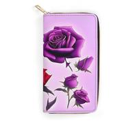 QWNMD Portefeuilles en cuir pour femme - Motif roses rouges et violettes - Porte-cartes avec fermeture éclair - Rose rouge et violette - 19,8 x 10,4 x 3,6 cm - Moderne, Roses rouges et violettes, 7.8