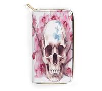 QWNMD Portefeuilles en cuir pour femme - Motif tête de mort humaine et fleurs roses - Porte-carte avec fermeture éclair - Motif crâne humain et fleurs roses - 19,8 x 10,4 x 3,6 cm - Moderne, Tête de