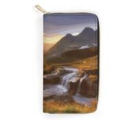 QWNMD Portefeuilles en cuir pour femme - Paysage de lever de soleil - Portefeuille imprimé avec fermeture éclair - Portefeuille en cuir - Paysage de lever de soleil de montagne - 19,8 x 10,4 x 3,6 cm