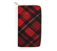 QWNMD Portefeuilles en cuir pour femme - Portefeuille imprimé à carreaux rouges et noirs - Porte-carte avec fermeture éclair - Portefeuille en cuir - Motif écossais rouge et noir - 19,8 x 10,4 x 3,6