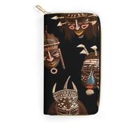 QWNMD Portefeuilles en cuir pour femme - Portefeuille imprimé ethnique ethnique tribal - Porte-carte avec fermeture éclair - Portefeuille en cuir - Rituel africain ethnique tribal - 19,8 x 10,4 x 3,6