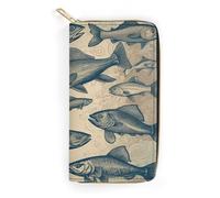 QWNMD Portefeuilles en cuir pour femme - Style vintage - Différents poissons - Porte-cartes avec fermeture éclair - Poissons différents - 19,8 x 10,4 x 3,6 cm - Moderne, Poissons différents vintage,