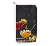 QWNMD Portefeuilles en cuir pour femmes - Verres à cocktail et bouteilles de vin - Portefeuille imprimé avec fermeture éclair - Portefeuille en cuir - Verres à cocktail et bouteilles de vin - 19,8 x