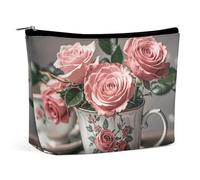 QWNMD Trousse de maquillage avec fermeture éclair pour rouge à lèvres, tasses à thé avec roses romantiques, style shabby imprimé, accessoires de toilette, tasses à thé avec roses romantiques, 17 x 15