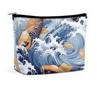 QWNMD Trousse de maquillage pour rouge à lèvres, pochette à fermeture éclair, pochette à motif carpe avec motif vague, organiseur portable, accessoires de toilette, carpe avec motif de vague, 17 x 15