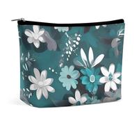 QWNMD Trousse de maquillage, trousse à cosmétiques, pochette à fermeture éclair, bleu sarcelle, gris et blanc floral_76917038, organisateur imprimé, accessoires de trousse de toilette, gris sarcelle