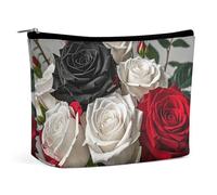 QWNMD Trousse de maquillage, trousse à cosmétiques, pochette à fermeture éclair, noir, blanc et rouge, rose blanche, rose, rouge, 17 x 15 x 5,8 cm, tendance, Roses noires, blanches et rouges, 6.8 X