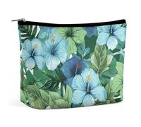 QWNMD Trousse de maquillage, trousse à cosmétiques, pochette à fermeture éclair, pochette à fermeture éclair, fleurs d'hibiscus vertes et bleues, organisateur imprimé fleurs d'hibiscus vertes et