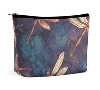 QWNMD Trousse de maquillage, trousse à cosmétiques, pochette à fermeture éclair, pochette peinte à la main, libellule imprimée à la main, organisateur de trousse de toilette portable, accessoires,