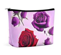QWNMD Trousse de maquillage, trousse à cosmétiques, pochette à fermeture éclair, rose rouge et violette, organisateur imprimé roses rouges et violettes, 17 x 15 x 5,8 cm, tendance, Roses rouges et