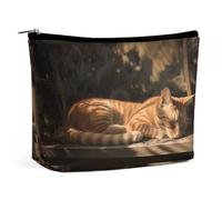 QWNMD Trousse de maquillage, trousse de maquillage, pochette à fermeture éclair, motif chat orange endormi, organiseur imprimé portable, accessoires de toilette, chat orange, 17 x 15 x 5,8 cm,