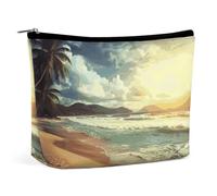 QWNMD Trousse de maquillage, trousse de maquillage, pochette à fermeture éclair, motif coucher de soleil sur la plage, organiseur imprimé portable, accessoires de toilette, coucher de soleil sur la