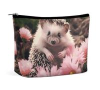 QWNMD Trousse de maquillage, trousse de maquillage, pochette à fermeture éclair, motif hérisson mignon en fleurs, organiseur portable, accessoires de toilette, hérisson mignon en fleurs, 17 x 15 x 5,8