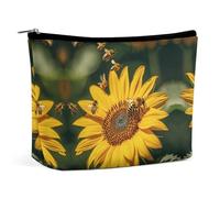 QWNMD Trousse de maquillage, trousse de maquillage, pochette à fermeture éclair, pochette à fermeture éclair, motif tournesol, abeilles de tournesol, 17 x 15 x 5,8 cm, tendance, Abeilles de