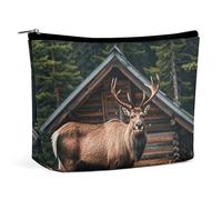 QWNMD Trousse de maquillage, trousse de maquillage, pochette à fermeture éclair, pochette à fermeture éclair, organiseur de cabane de montagne, organiseur imprimé élan de cabane de montagne, 17 x 15 x