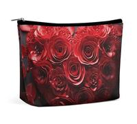 QWNMD Trousse de maquillage, trousse de maquillage, pochette à fermeture éclair, rose rouge, organiseur imprimé cœur portable, accessoires de toilette, rose rouge, 17 x 15 x 5,8 cm, tendance, Cœur