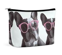 QWNMD Trousse de maquillage, trousse de maquillage, pochette à lèvres, pochette à fermeture éclair, bouledogue français, lunettes roses, organiseur imprimé, accessoires de trousse de toilette