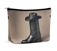 QWNMD Trousse de maquillage, trousse de maquillage, pochette à lèvres, pochette à fermeture éclair, chapeau noir de cowboy, bottes occidentales, organisateur imprimé, trousse de toilette portable,