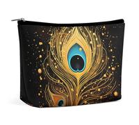 QWNMD Trousse de maquillage, trousse de maquillage, pochette à lèvres, pochette à fermeture éclair, motif plume de paon doré, organisateur imprimé, trousse de toilette portable, accessoires, motif