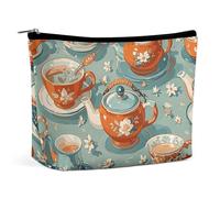 QWNMD Trousse de maquillage, trousse de maquillage, pochette à rouge à lèvres, pochette à fermeture éclair, théière et tasse imprimée, organiseur portable, accessoires de toilette, théière et tasse,