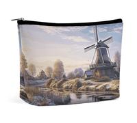 QWNMD Trousse de maquillage, trousse de maquillage, pochette à rouge à lèvres, pochette à fermeture éclair, paysage avec un moulin à vent traditionnel, organisateur imprimé moulin à vent traditionnel,
