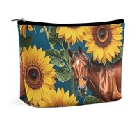 QWNMD Trousse de maquillage trousse de maquillage pochette à rouge à lèvres pochette zippée marron cheval tournesol fleur jaune imprimé organisateur portable trousse de toilette accessoires, cheval