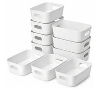 QWORK® 10 PCS boîtes de rangement en plastique blanc avec poignée 20.5 * 14 * 7 cm, conteneurs empilables en PP idéaux pour la maison, le bureau et l'école