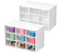 QWORK® 2 Pièces boîte de rangement, 18 x 12 x 9,7 cm boîte de rangement mini avec 9 tiroirs, boîte de tiroirs en plastique transparent, pour bureau, cosmétique et accessoires