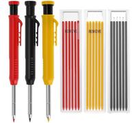 QWORK® 3 Pcs Crayon de Charpentier avec 18 Recharges, Marqueur de Crayon Mécanique à Long Nez à Trou Profond avec Affûteur Intégré pour Menuisier Architecte (Noir, Rouge, Jaune)