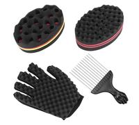 QWORK® 4 pièces brosse éponge à cheveux grands et petits trous avec peignes et gants pour dreads et boucles, pour barbier et maison