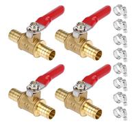 QWORK® 4 pièces robinet à boisseau sphérique 2 voies en laiton, 10mm, avec poignée à 180 degrés et 8 colliers de serrage, pour divers systèmes de tuyauterie