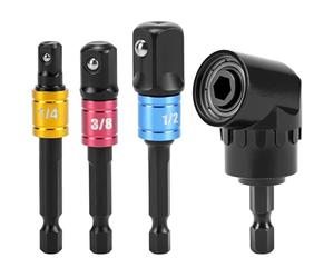 QWORK® Adaptateur de visseuse d'angle 105 °, fixation d'angle pour tournevis sans fil, perceuse à queue hexagonale, avec adaptateur de douille 3 pièces 1/4" 3/8" 1/2",noir