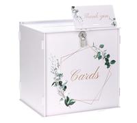 QWORK® Boîte à cartes de mariage élégante de 26 cm avec serrure et carte de remerciement - Boîte-cadeau en PVC blanche pour réception de mariage et décoration de fête