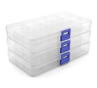 QWORK® Boîtes de Rangement Plastique 15 Compartiments, 17,2 x 10 x 2,2 cm - Lot de 3 Organisateur Transparent à Diviseurs Ajustables pour Bijoux, Perles, Couture et Petites Vis