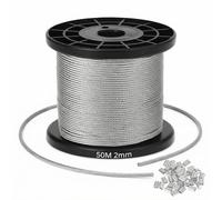 QWORK® Cuerda de acero 2 mm x 50 m, acero inoxidable 304, con 40 manchons en aluminium - construcción 7x7, Capacidad de carga de 50 kg, Fuerza de rotura de 160 kg