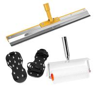 QWORK® Ensemble de revêtement de sol: raclette sur pied en acier inoxydable de 56 cm, rouleau d'aération de 25 cm & 2 chaussures à clous - pour résine époxy, mortier de nivellement & scellement de sol