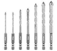 QWORK® Jeu de 7 foret carrelage - carbure de tungstène, foret dentelé à quatre tranchants, 3/4/5/6/8/10/12 mm, queue hexagonale 1/4", argent