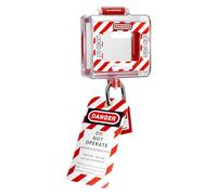 QWORK Kit de verrouillage de bouton d'arrêt d'urgence, 1 couvercle de bouton d'alimentation de sécurité de 10,2 x 10,2 cm + 1 cadenas de sécurité à clé rouge différente + 1 étiquette de verrouillage