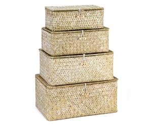 QWORK Lot de 4 paniers de rangement en jonc de mer avec couvercles - Paniers de rangement en rotin de tailles assorties, tissés à la main, organiseur durable pour la maison et le bureau, décoration